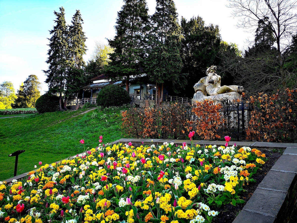 view of outside hollyhock cafe from the flower garden