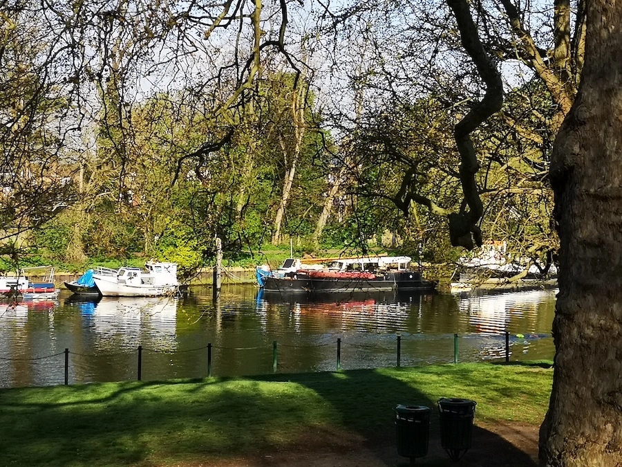 boats moored along the bank of the river thames